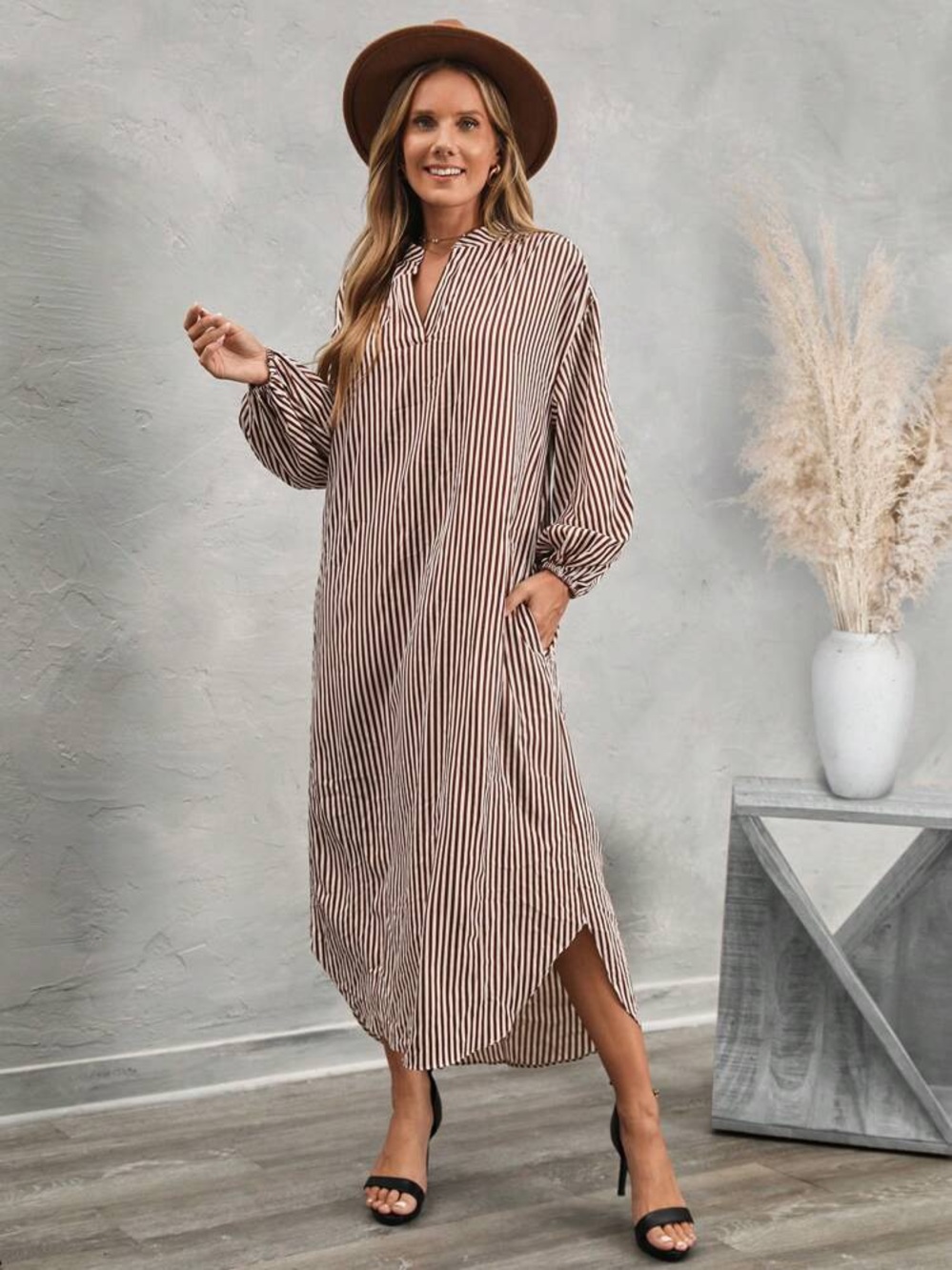 Relaxed Striped Maxi Shirt Dress in Brown and Cream